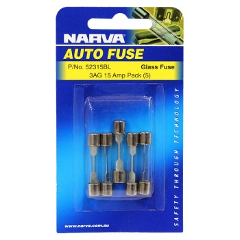 Narva 3AG Glass Fuse, 5 Pack - 15 AMP